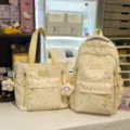 beige canvas school backpack and tote bag set with cute colorful star doodle pattern casual daily use - 2-Piece Set with Smiling Star Pendant / Yellow