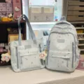 Light blue aesthetic backpack and tote bag set with cute star pendants for daily student use. - 2-Piece Set with Smiling Star Pendant / Blue