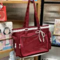 Japanese ita bag dark red shoulder tote bag with clear window lace trim and pearl bow charm - No Pendant / Burgundy
