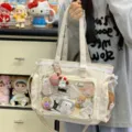 Japanese style transparent lace ita bag commuter tote bag for women anime student shoulder bag - With Charm / Off White