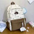 Niedlicher Canvas-Schulrucksack mit Polka-Dot-Mustern und Plüsch-Anhänger Variante - Mit Anhänger / Kaffee