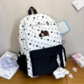 Schwarzer weisser gepunkteter Rucksack fur Madchen Canvas Freizeitschultasche Alltag - Mit Anhänger / Schwarz