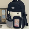 Japanese campus style black white school backpack with transparent pocket for student daily use - No Pendant / Black