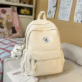 Zaino in tela beige da donna, simpatico zainetto stile college con ciondolo a forma di cane. - con portachiavi / Bianco