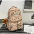 Zaino scolastico in tela con simpatico capibara per ragazze adolescenti, borsa grande e versatile. - Set Pendente e Distintivi / Kaki