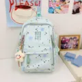 Light blue star pattern cute student backpack, large capacity casual school bag for teenage girls. - With Pendant / Green