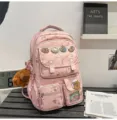 Zaino scolastico rosa con capibara per ragazze, grande capacita borsa casual per studenti. - Set Pendente e Distintivi / Rosa
