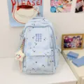 Japanese ins style light blue star pattern student backpack with cute star pendant travel bag - With Pendant / Blue