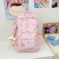 Pink star school backpack for teen girls, cute aesthetic large capacity casual bookbag. - With Pendant / Pink
