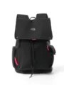 Black canvas backpack with flap drawstring and multi pockets for travel school daily use. - Black