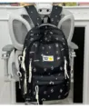 Black star print canvas school backpack for teen girls, casual Korean style daily bag. - No Pendant / Black