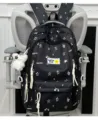 Korean style black school backpack with cute star patterns and fluffy plush pendant. - With Pendant / Black