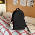Black casual student backpack solid color campus style school bag with cute plush bear pendant. - With Pendant / S / Black