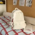 Casual minimalist white backpack for women, cute sweet style daypack with bear pendant. - With Pendant / S / White