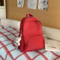 Solid color cute student backpack with bear pendant casual daily school canvas travel bag - With Pendant / S / Red
