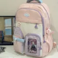 Japanese style cute pastel school backpack with anime character card for student girls - No Pendant / Pink