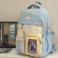 Cute Japanese style blue backpack for school students with multi pockets and clear window. - No Pendant / Blue