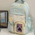 Cute Japanese style pastel green and white school backpack with transparent pocket for daily use. - No Pendant / Green