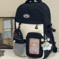 Japanese style campus cute girl color block backpack teenage student school double shoulder bag - With Charm / Black