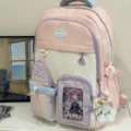 Japanese campus cute pink white backpack sweet student school bag with anime character pocket - With Charm / Pink