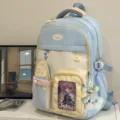 Japanese style cute blue backpack, dopamine college student double shoulder school bag. - With Charm / Blue