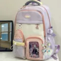 Cute pastel school backpack with multi pockets and plush charm for student daily use pink purple - With Charm / Purple