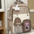 Japanese style cute sweet aesthetic color block school backpack with multi pockets and plush charm. - With Charm / Khaki