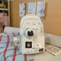 Korean style polka dot backpack beige casual school bookbag with cute bear pendant and coin purse - Charm / White