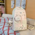 Pink polka dot canvas backpack for student girls, casual cute school bag with pendant and pouch. - Charm / Pink