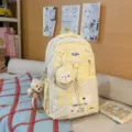 Korean ins style polka dot canvas backpack with cute bear pendant and large capacity for daily use. - Charm / Yellow