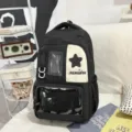 Casual black school backpack with star patch and front transparent pocket for daily use. - Backpack Only (Without Pendant) / Black