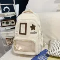 Japanese ins style canvas backpack with transparent pain bag pocket, cute star patch design for school. - Backpack Only (Without Pendant) / White