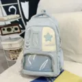 Light blue school backpack cute ita bag with transparent front pocket and star decor. - Backpack Only (Without Pendant) / Blue