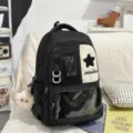 Black school backpack with transparent pocket, stylish contrast design for students. - Backpack (With Pendant) / Black