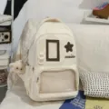 Japanese style cute beige school backpack with transparent mesh pocket and star patch - Backpack (With Pendant) / White