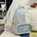 Light blue Japanese style ita backpack with transparent front pocket and cute star patch. - Backpack (With Pendant) / Blue