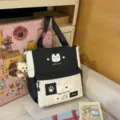 Ins style black white polka dot canvas backpack casual student school bag with cute bear pendant - Tutoring Bag With Pendant / Black