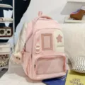 Pink cute canvas backpack japanese style kawaii school bag with mesh pocket and bear pendant - Backpack (With Pendant) / Pink