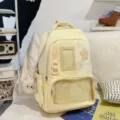 Japanese ins style cute school backpack with star badge transparent pocket light yellow - Backpack (With Pendant) / Yellow