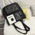 Japanese ins niche design campus canvas backpack with clear window ita bag for students. - Tote Bag Only (Without Pendant) / Black