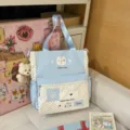 Cute blue polka dot backpack canvas school bag casual student daypack with lovely cat design - Tutoring Bag With Pendant / Blue