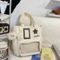 Japanese ins canvas tote bag ita bag with transparent window cute star pendant and spacious design. - Tutoring Bag (With Pendant) / White