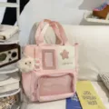 Pink Japanese ins style canvas itabag with transparent window, star patch and cute plush star pendant. - Tutoring Bag (With Pendant) / Pink