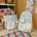 Light blue polka dot school backpack set with cute bear pendant, casual college style - Two-Piece Set With Pendant / Blue