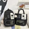 Japanese style canvas ita backpack and tote bag set for school students and daily use. - Two-Piece Set (With Charm) / Black