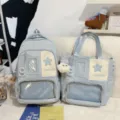 Light blue ita backpack and tote bag two piece set with clear window and star patch design - Two-Piece Set (With Charm) / Blue