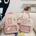 Japanese ins style sweet pink backpack and tote bag set with clear mesh window and cute star. - Two-Piece Set (With Charm) / Pink