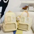 Light yellow canvas school backpack and tote bag two-piece set with clear window. - Two-Piece Set (With Charm) / Yellow