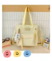 Sac à dos fourre-tout jaune en toile avec broderie de nœuds et pendentif chiot, style décontracté. - Sac de Tutorat Avec Pendentif / Jaune