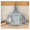 Sac cabas en toile bleu clair de grande capacité sac bandoulière avec broderie de nœud mignon - Sac de Tutorat Avec Pendentif / Bleu
